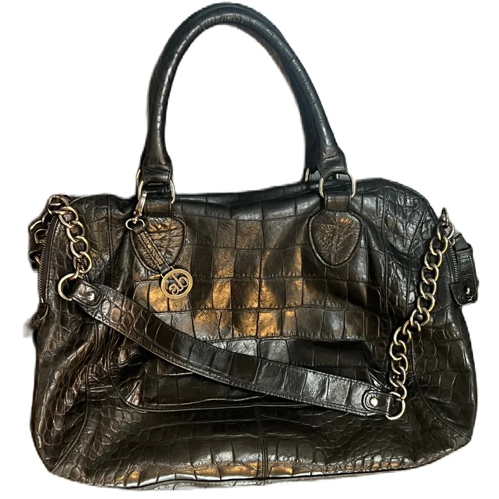 Audrey Brooke Black Leather Croc-Pattern Satchel